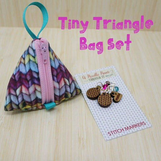 Knitting notions bag. Tiny Triangle bag and Knitting Stitch Markers Set. Pyramid bag, little knitting treasure bag, Stitch marker bag