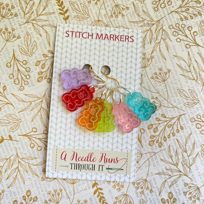 Gummy bear inspired stitch markers for knitting or crochet. Sparkle Acrylic stitch markers. Gummy candies teddy bear progress keepers
