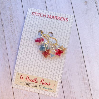 Tiny sparkle stars stitch markers for knitting or crochet. Sparkle Acrylic stitch markers. Tiny stars progress keepers.