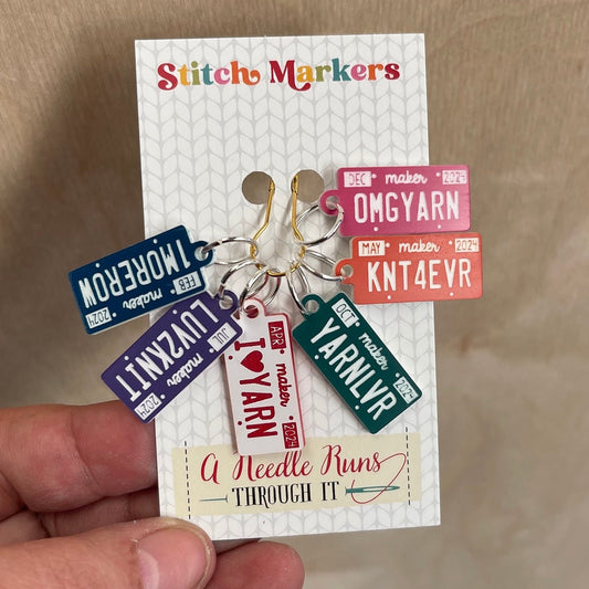 Knitting License plate stitch markers for knitting. Fun Stitch Markers. Cute Color Stitch markers.Progress keepers, cool knitting st markers