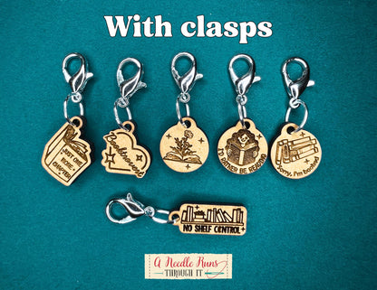 Bookish theme stitch markers for knitting or crochet. Reading stitch markers, progress keepers