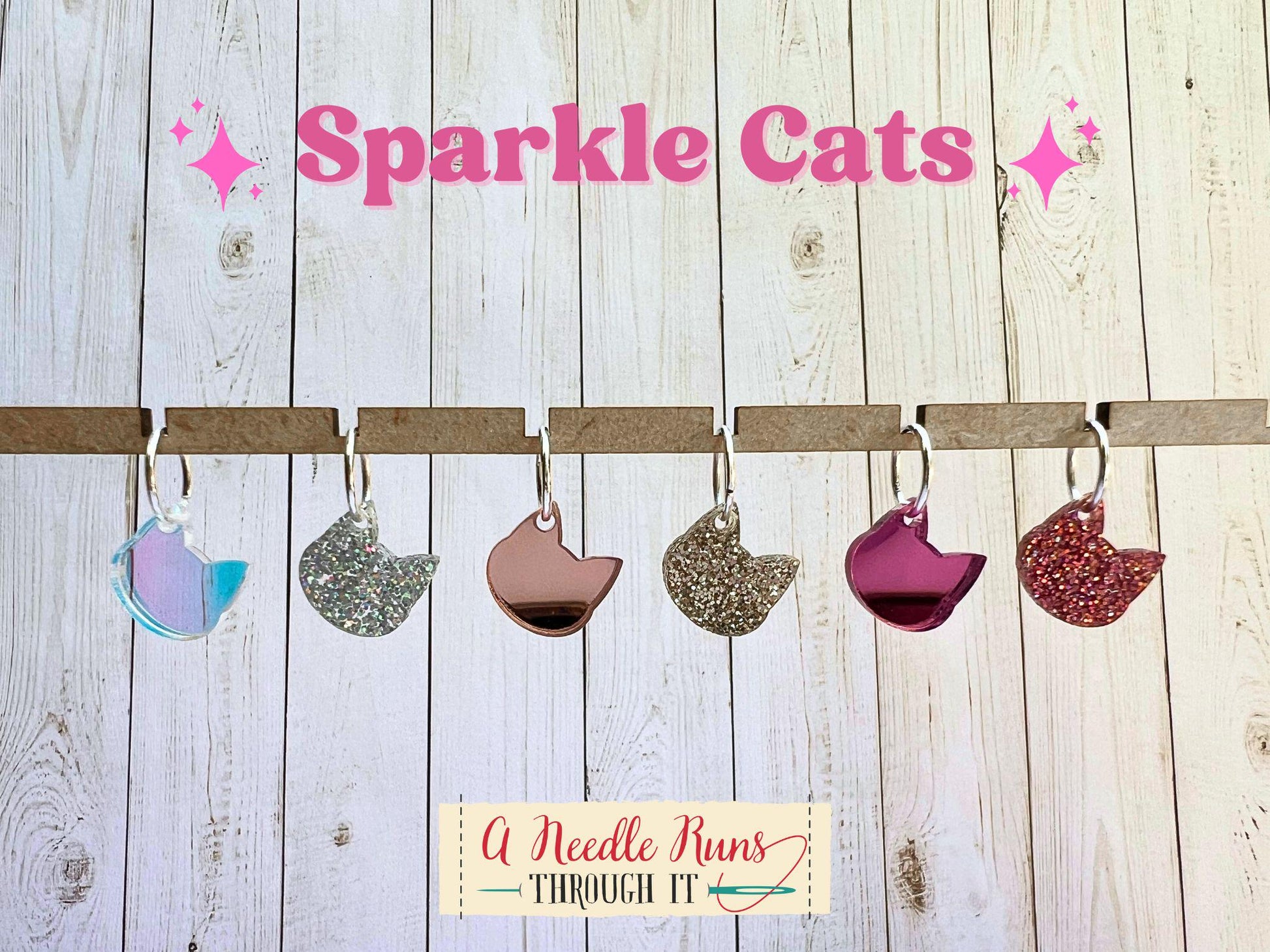 Sparkle Cats stitch markers for knitting or crochet. Sparkle and Mirror Acrylic stitch markers. Cats, kitties, sparkly progress keepers