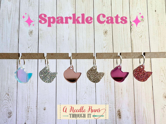Sparkle Cats stitch markers for knitting or crochet. Sparkle and Mirror Acrylic stitch markers. Cats, kitties, sparkly progress keepers