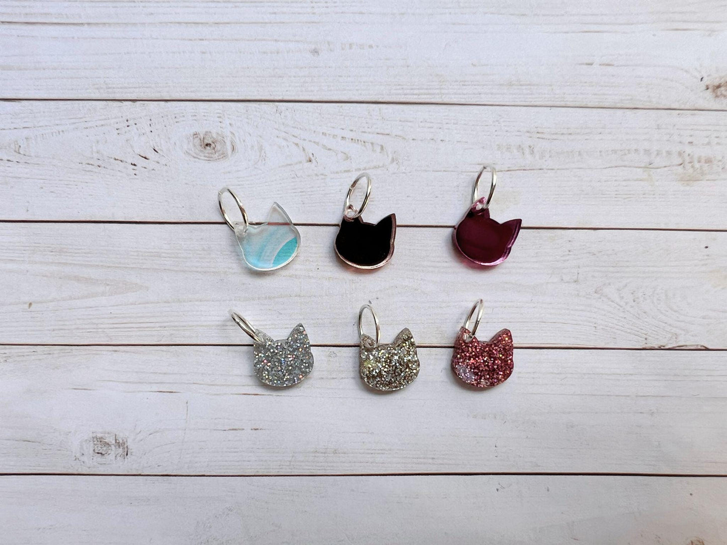 Sparkle Cats stitch markers for knitting or crochet. Sparkle and Mirror Acrylic stitch markers. Cats, kitties, sparkly progress keepers