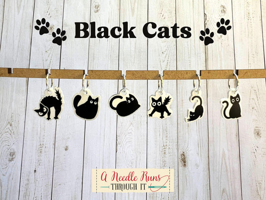 Black Cats stitch markers for knitting or crochet. Black and white stitch markers. Cats, kitties, spooky progress keepers