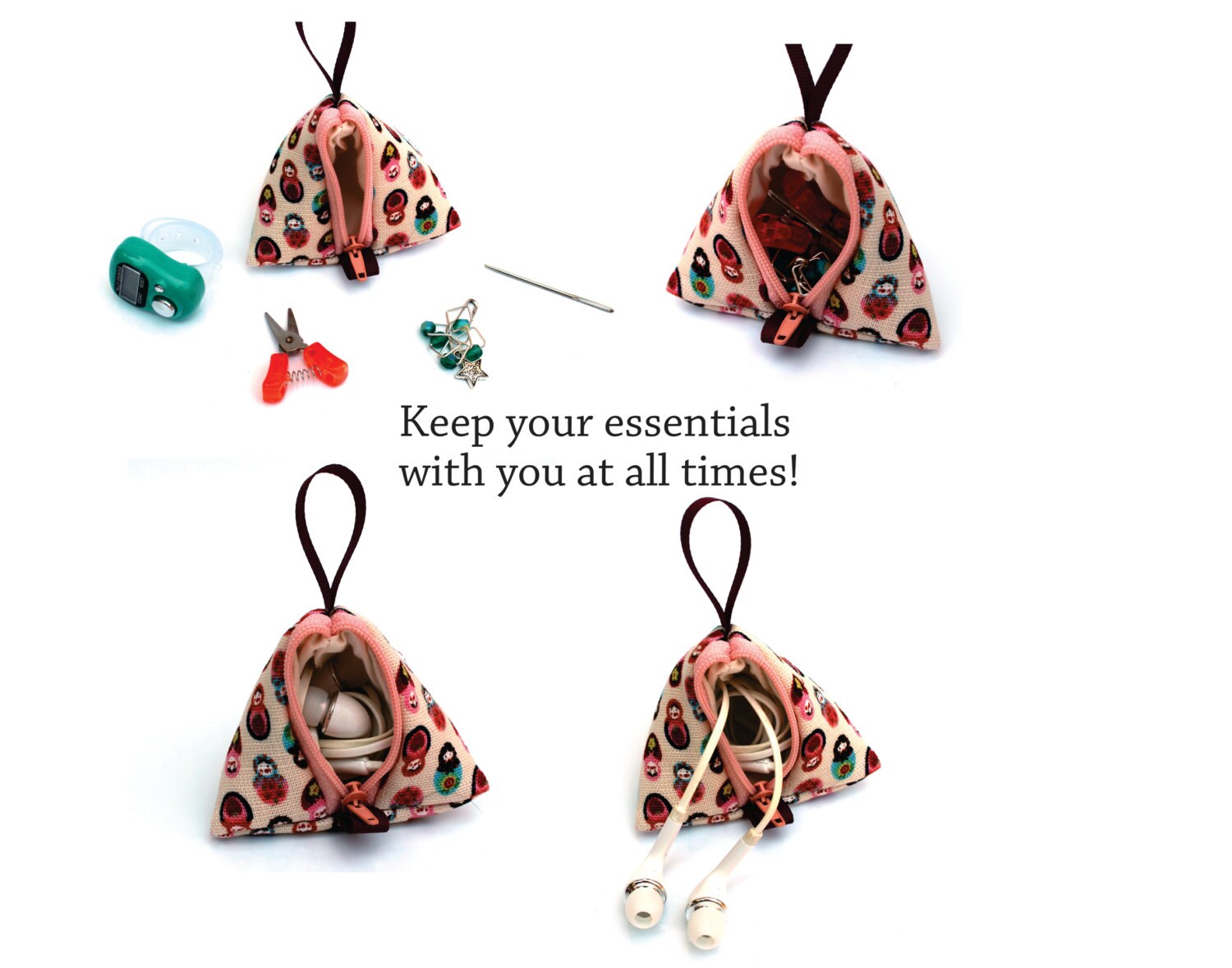 Knitting notions bag. Tiny Triangle bag and Knitting Stitch Markers Set. Pyramid bag, little knitting treasure bag, Stitch marker bag