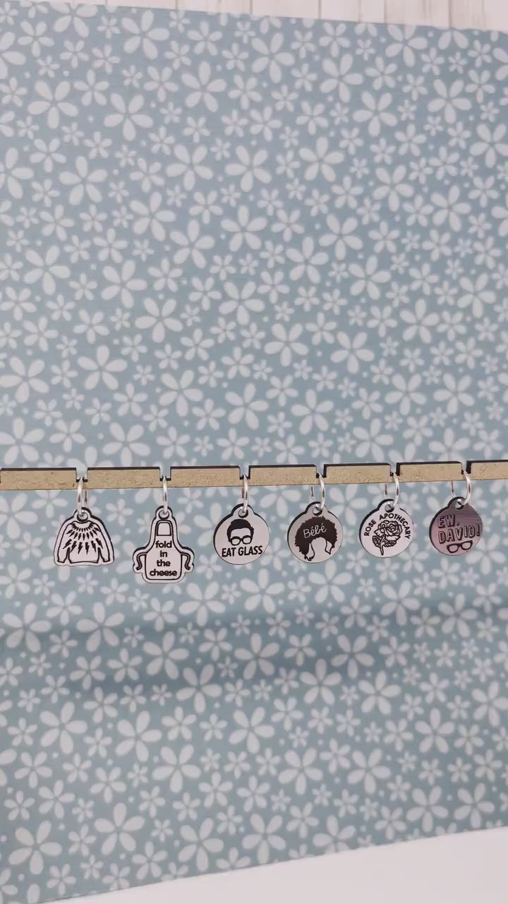 The Rose family, Schits Creek inspired stitch markers. Knitting markers, crochet markers, Rose apothecary, Ew David Stitch markers