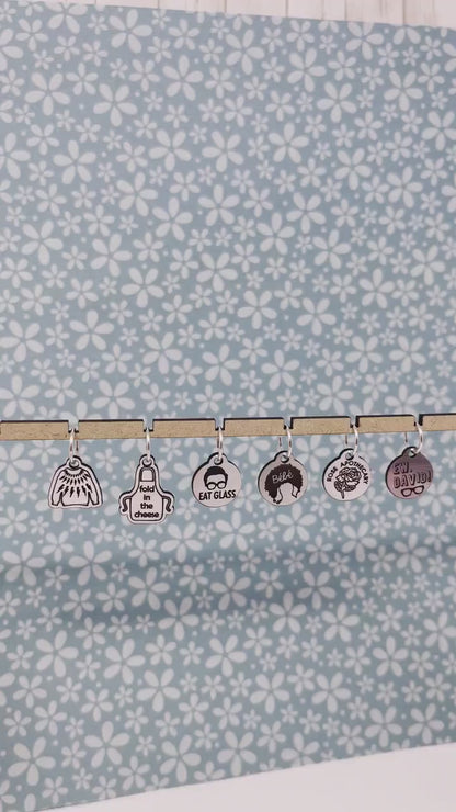 The Rose family, Schits Creek inspired stitch markers. Knitting markers, crochet markers, Rose apothecary, Ew David Stitch markers