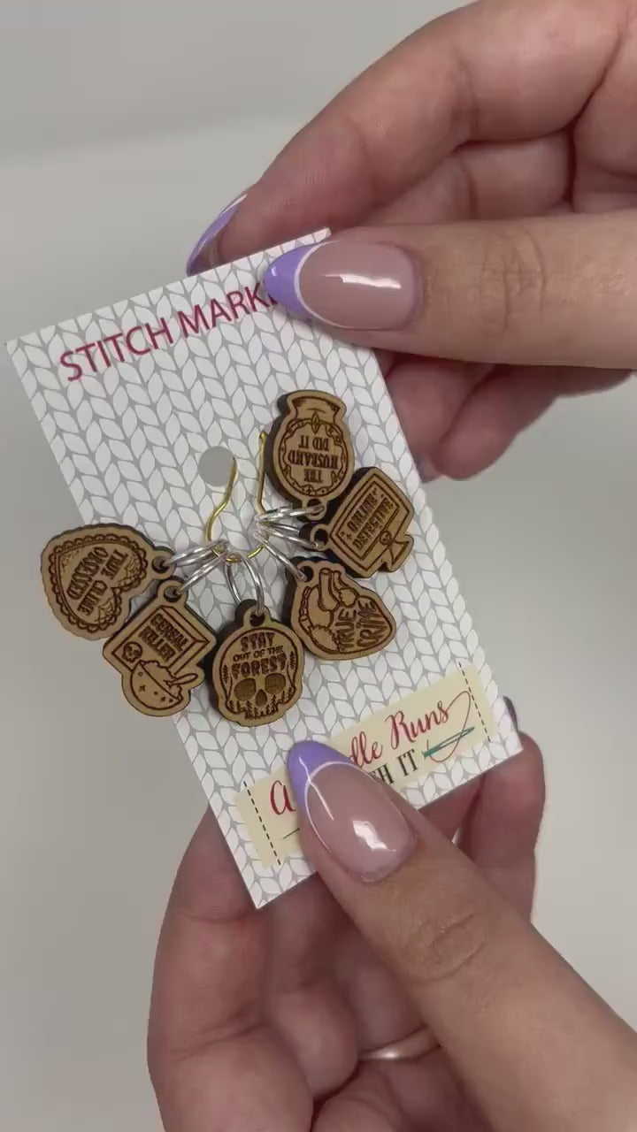 True Crime and Craft inspired stitch marker set, snag free stitch markers, st markers for knitting, crochet progress keeper