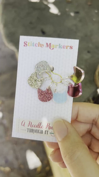 Sparkle Cats stitch markers for knitting or crochet. Sparkle and Mirror Acrylic stitch markers. Cats, kitties, sparkly progress keepers