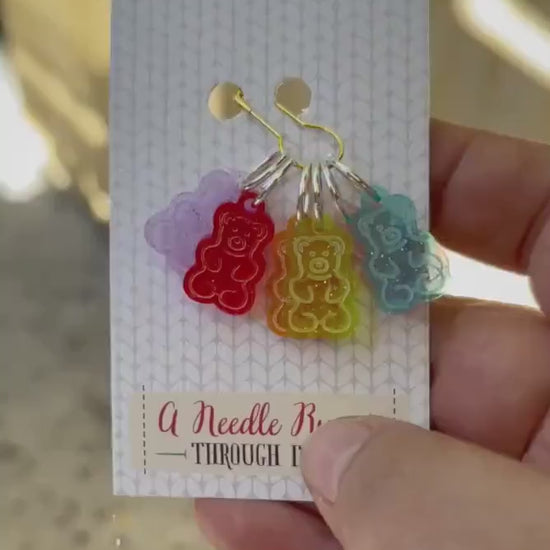 Gummy bear inspired stitch markers for knitting or crochet. Sparkle Acrylic stitch markers. Gummy candies teddy bear  progress keepers