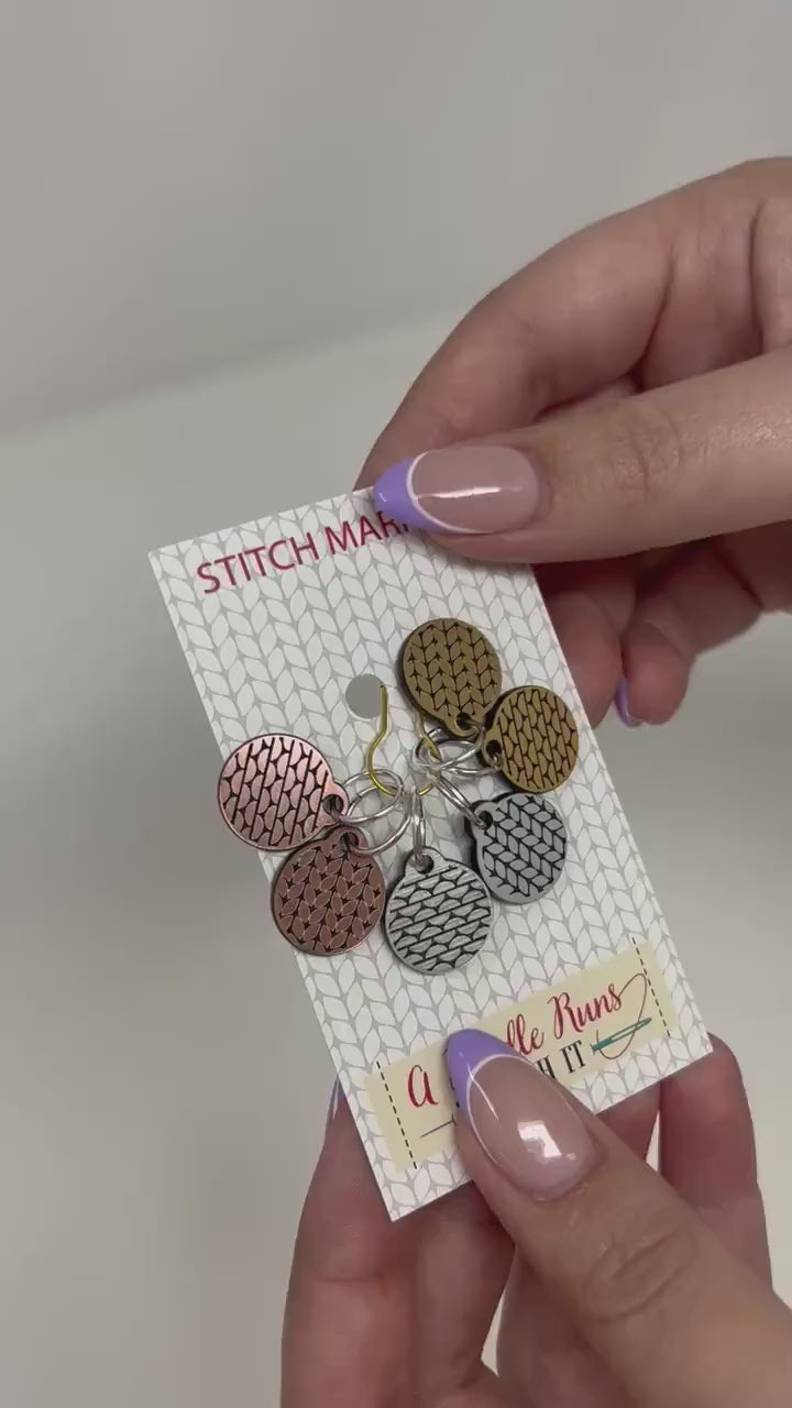 Brushed metal rose gold, gold and silver knit and purl stitch markers, metallic look stich markers for knitting, knit purl progress keepers