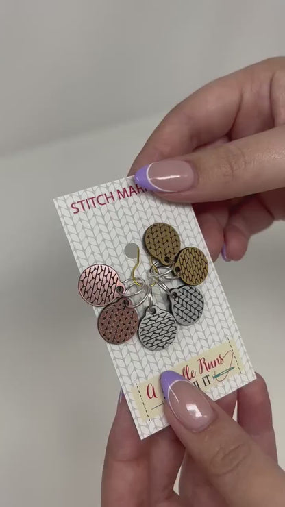Brushed metal rose gold, gold and silver knit and purl stitch markers, metallic look stich markers for knitting, knit purl progress keepers